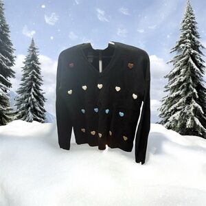 CHARLIE B Black V-Neck Sweater with Heart Accents